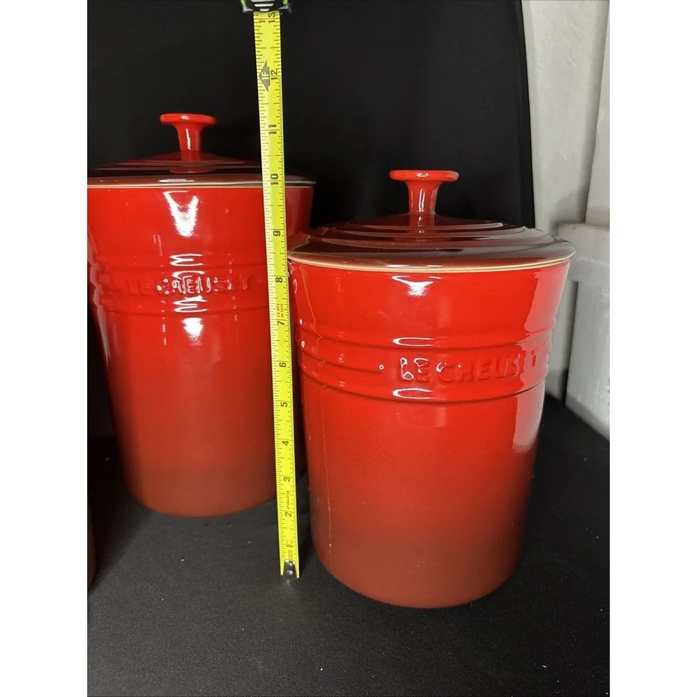 Le Creuset CERISE Red Stoneware 3-Canister Storage Jar Set with Lids #1029 - Picture 6 of 13